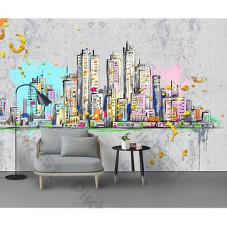 Tranh dán tường Tranh giả vẽ tay thành phố sắc màu, tranh dán tường 3d hiện đại (tích hợp sẵn keo) MS812284