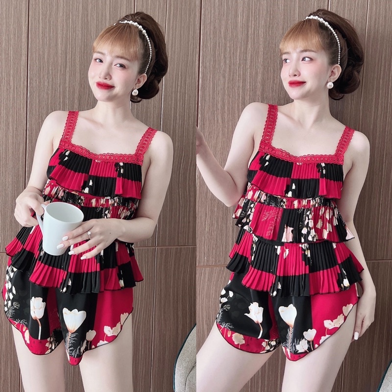 (Dưới 65kg) Đồ bộ mặc nhà 2 dây áo dập ly 3 tầng phối quần đùi ngắn cực sexy và mát cho bạn nữ