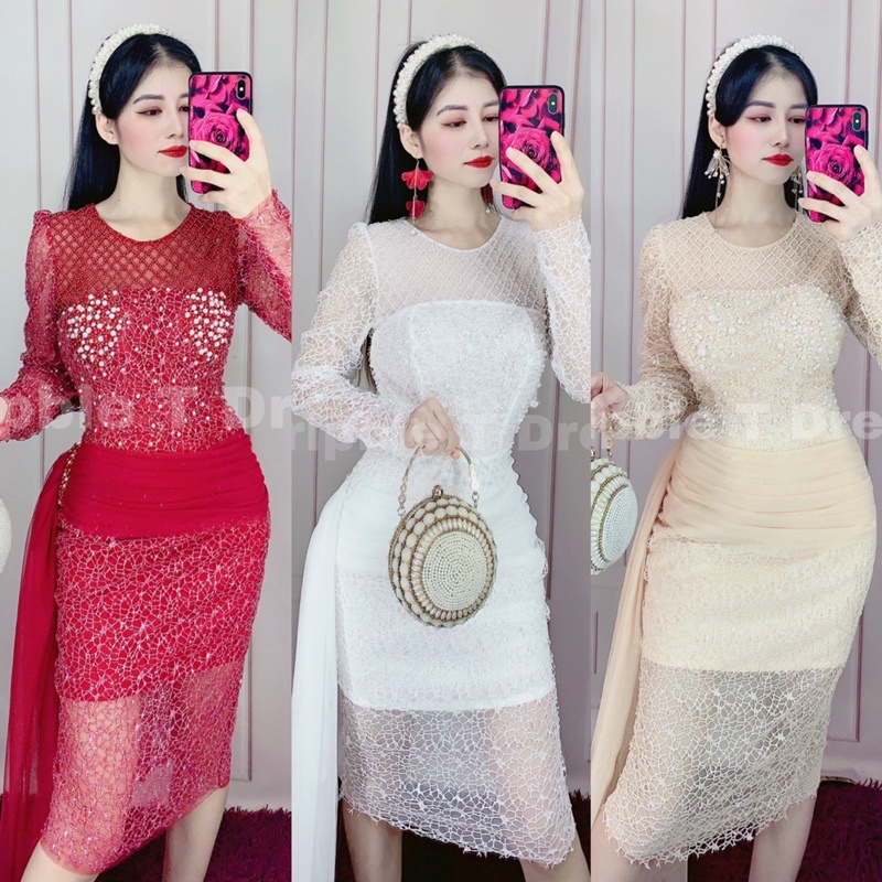 Đầm body lưới lỗ kết hạt cườm cao cấp - MS139Y (KÈM ẢNH/VIDEO THẬT)