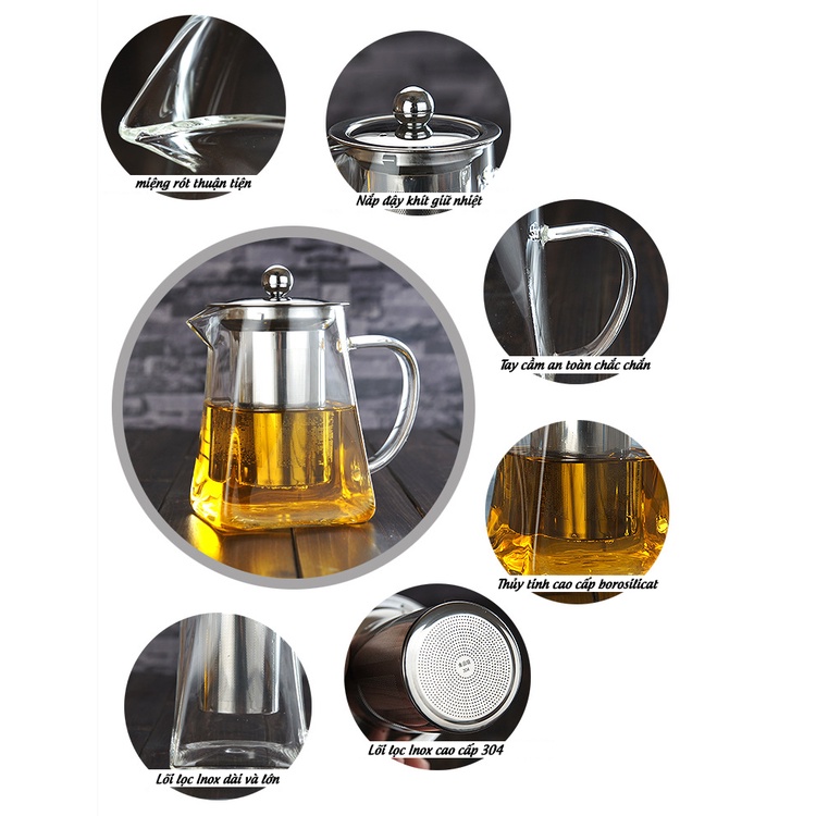 Bình Lọc Trà bằng Thủy Tinh Đáy Vuông Chịu Nhiệt - 550ml - 750ml - 950ml