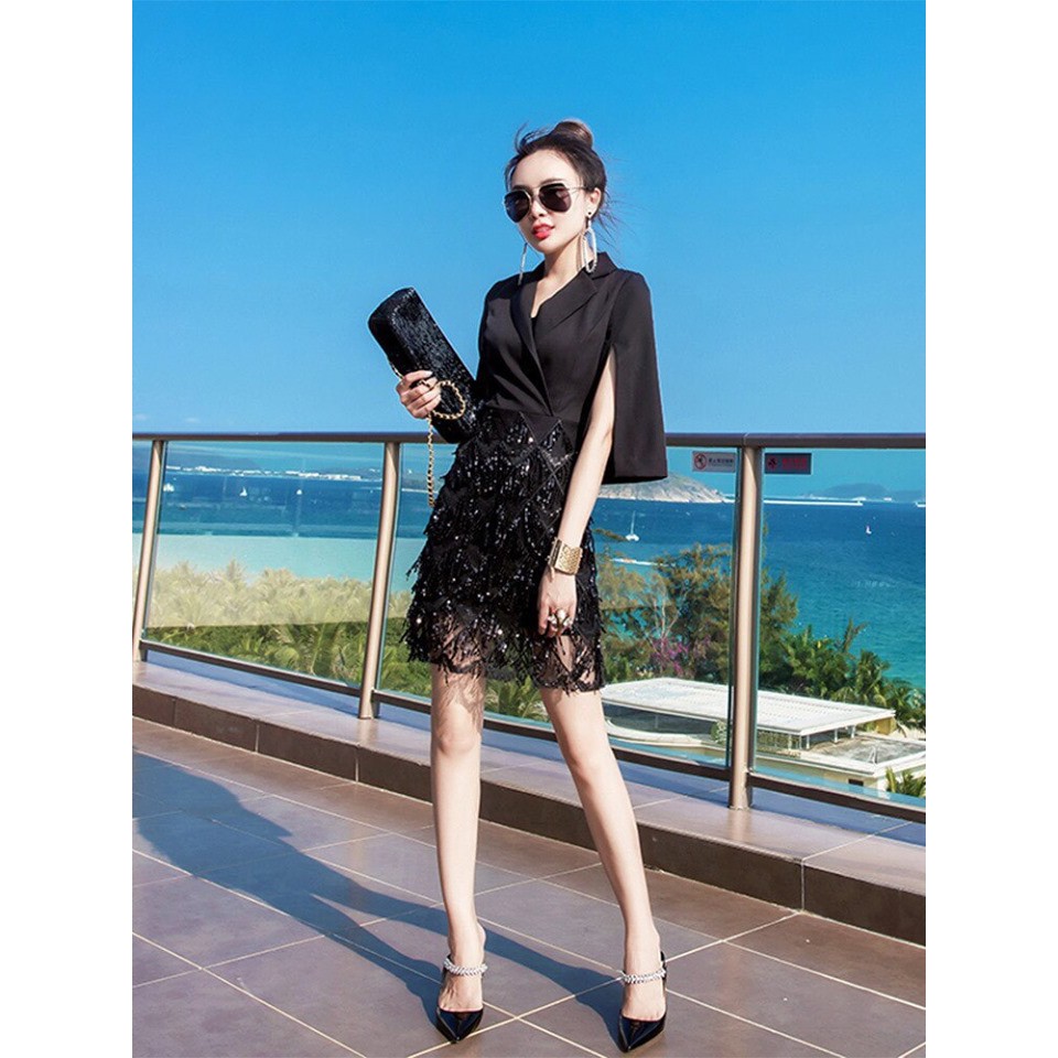 Hàng nhập - Đầm body cổ vest phối ren kim sa sang chảnh - ST1522350