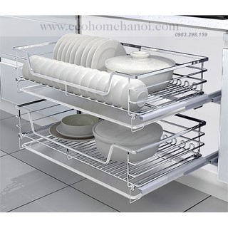 Giá bát đĩa tủ bếp dưới nan inox có ray âm giảm chấn