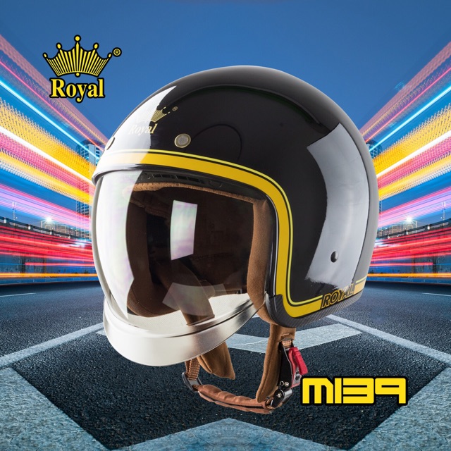 Mũ bảo hiểm Royal M139 kính âm đen bóng viền chỉ vàng V10 tặng Balo túi rút chính hãng