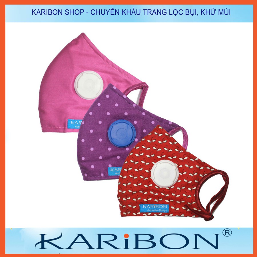 Combo 3 khẩu trang Karibon Maxair họa tiết 8 lớp lọc, có van thở