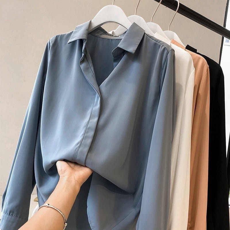 Áo sơ mi công sở nữ đẹp kiểu Hàn Quốc form rộng tay dài chất lụa cao cấp màu Trắng Be Đen Xanh HSU