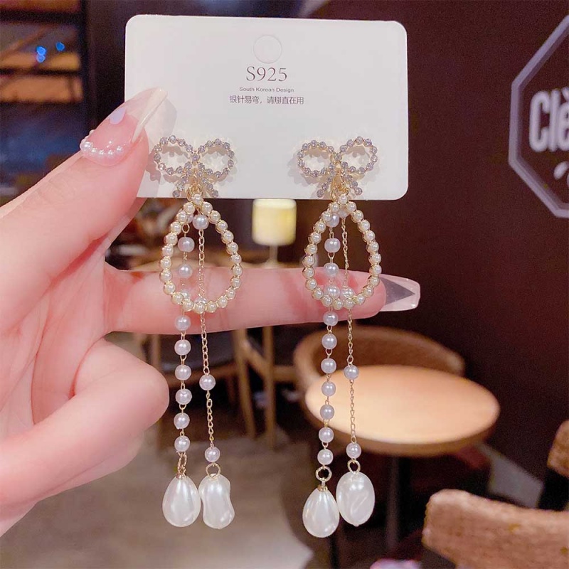 XiaoboACC Bông Tai Bạc 925 Phối Tua Rua Đính Ngọc Trai Thời Trang Cho Nữ