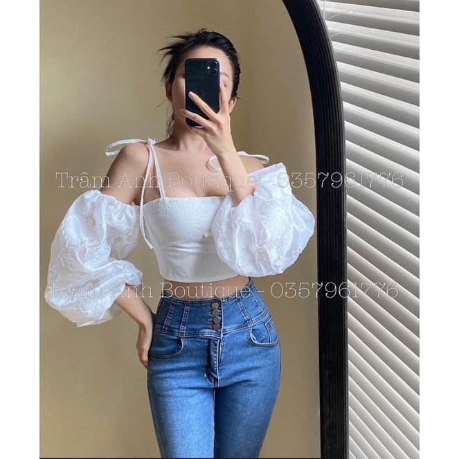 Áo croptop 2 dây tay bồng Briebrie cao cấp chất liệu vải gấm hoa thêu, sang chảnh - 267