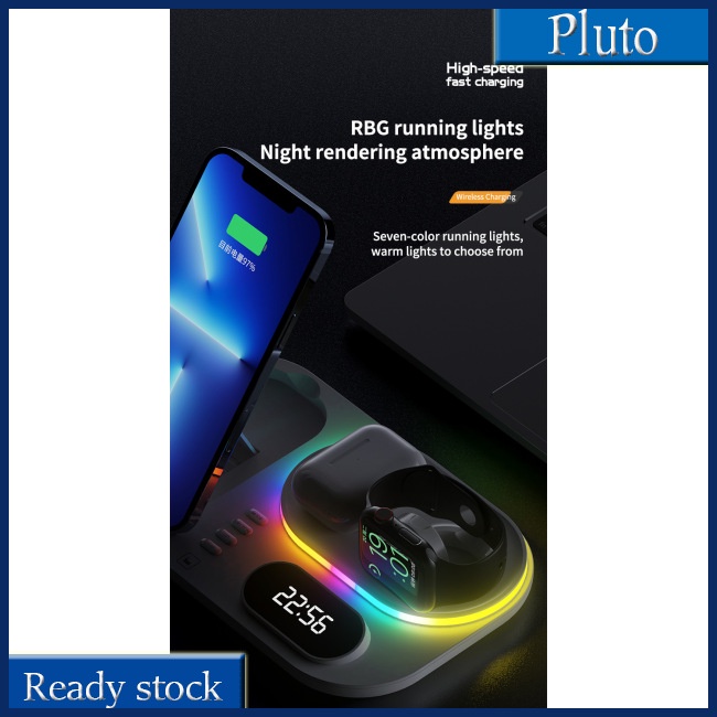 Đế Sạc Nhanh Không Dây 4 Trong 1 Kiêm Đồng Hồ Báo Thức Cho Airpods Pro Iwatch Rgb Có Đèn Led Cho Iphone