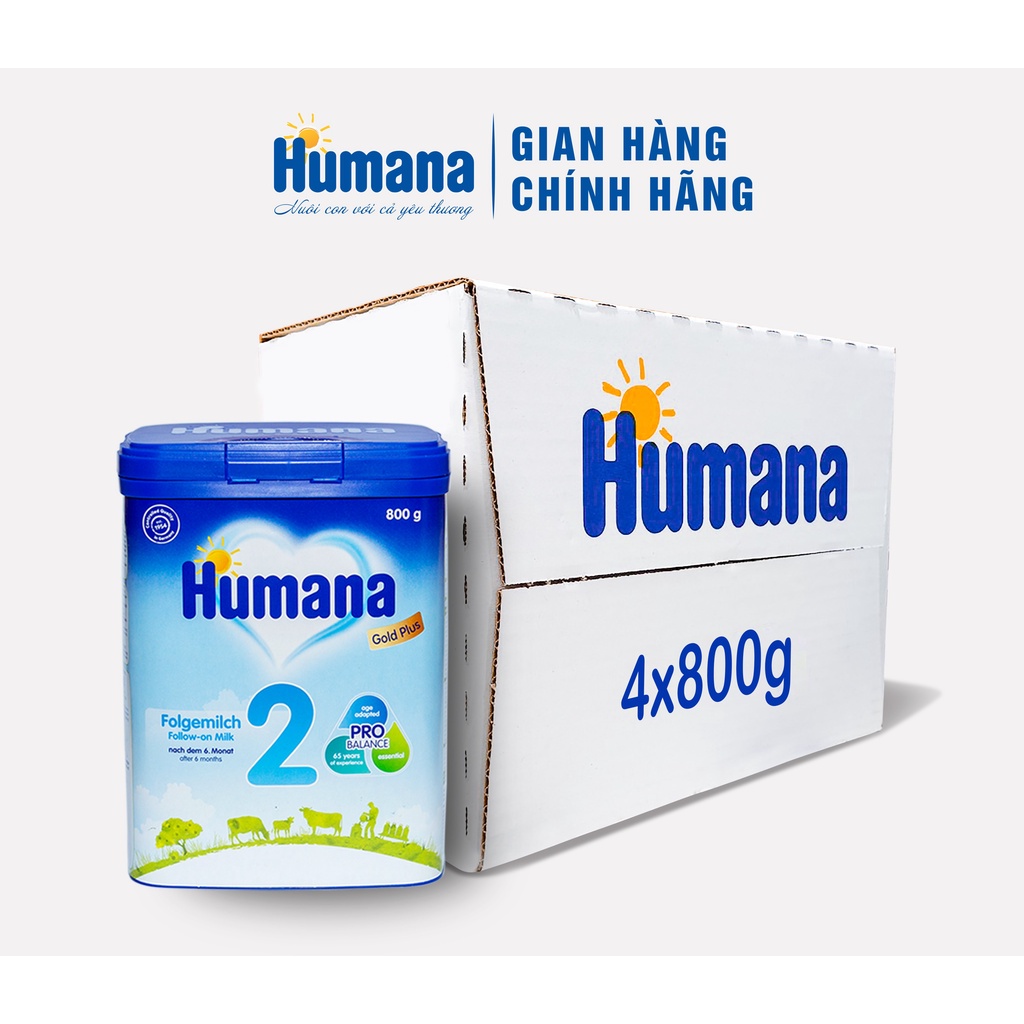 Thùng 4 lon Sữa bột Humana gold plus 2 800g - Sữa công thức dành cho trẻ từ 6 đến 24 tháng tuổi nhập khẩu từ Đức