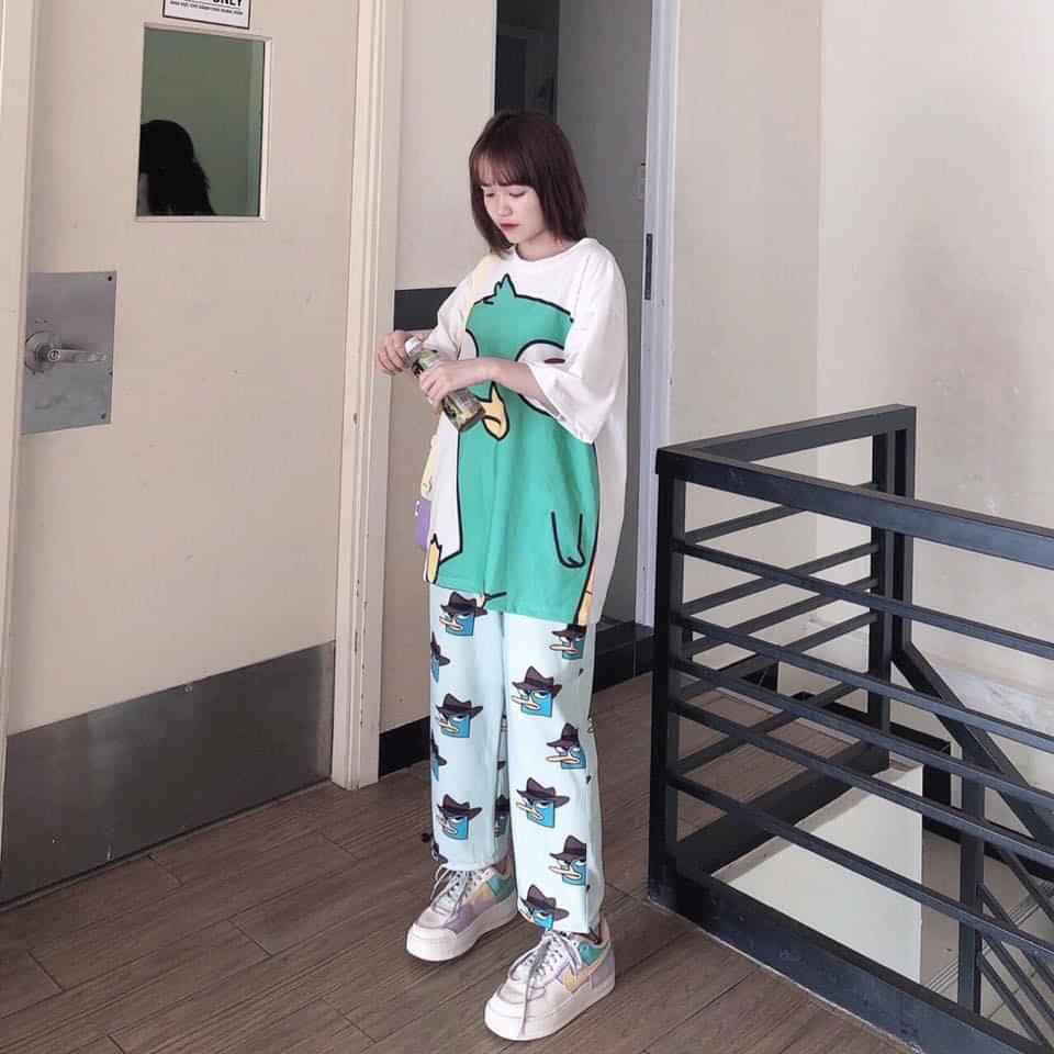 Set bộ đùi hoạt hình thú mỏ vịt UNISEX quần cartoon kèm áo thun tay lỡ siêu xinh kèm ảnh/video thật