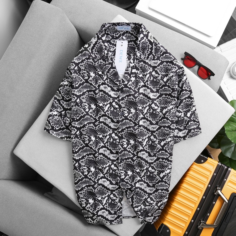 Áo sơ mi nam ngắn tay DEWE, vải lụa nhập khẩu chống nhăn thoáng mát, họa tiết Da rắn - DEWE Cuban Shirt