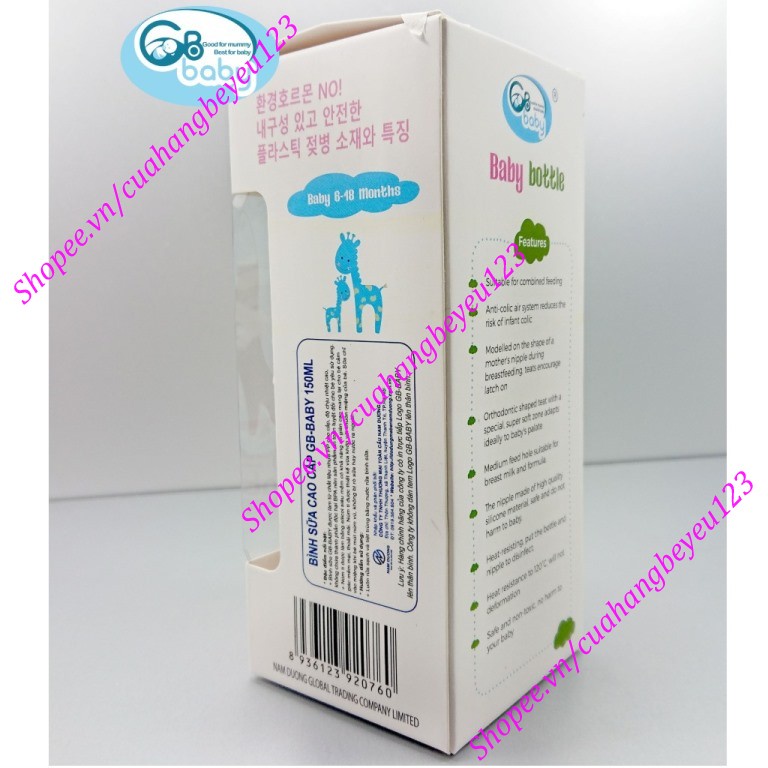 Bình sữa nhựa cao cấp CỔ HẸP 150ml không BPA - GB BABY