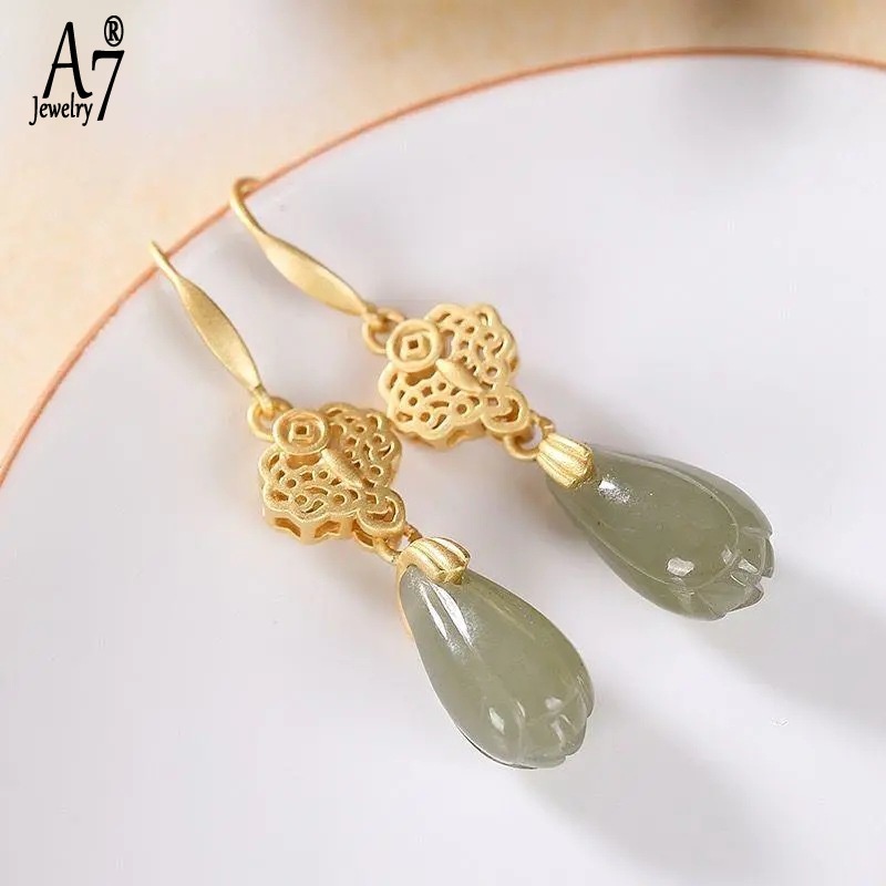 Bông Tai Bạc S925 Đính Ngọc Bích Kiểu Vintage Dễ Thương Cho Nữ