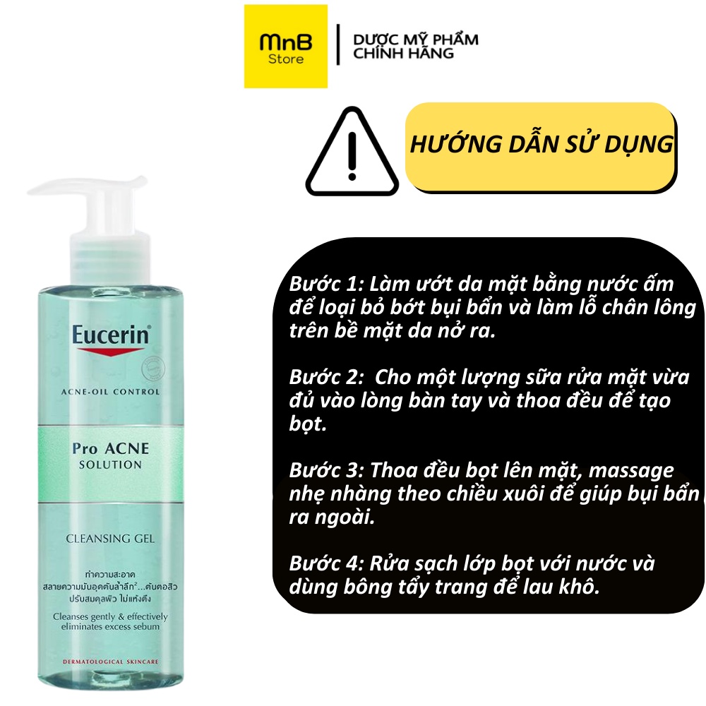 Sữa rửa mặt Eucerin Pro ACNE Solution Cleansing Gel cho da dầu mụn 75, 200, 400ml