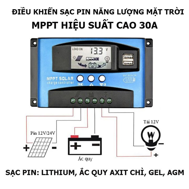 Bộ điều khiển sạc pin năng lượng mặt trời 12v 24V MPPT công suất 30A, sạc pin lithium