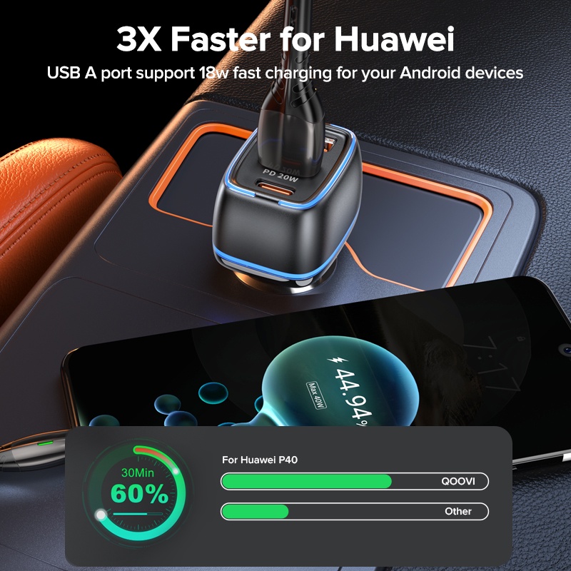 Tẩu sạc điện thoại QOOVI USB C 44W type C nhanh trong xe hơi 3 cổng chuyên dụng