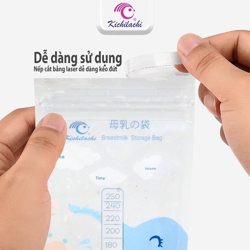 Túi trữ sữa 250ml KICHILACHI hình con voi, túi đựng sữa khoá ziper chắc chắn (50 túi)
