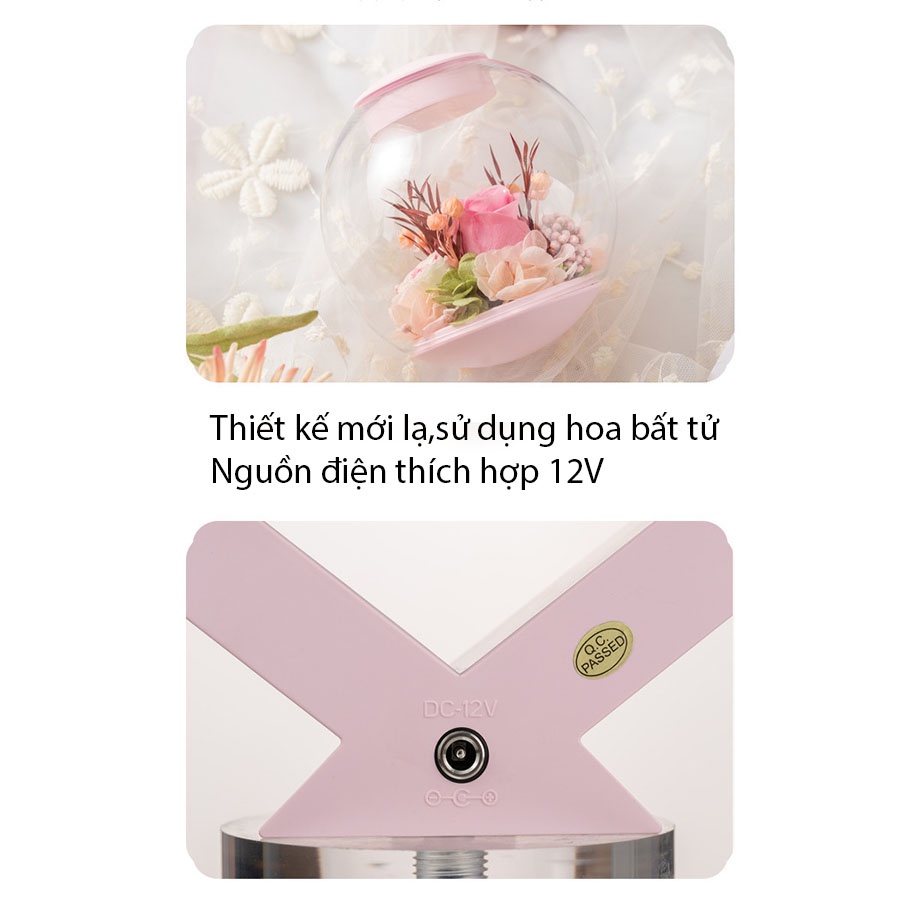 Đèn led trang trí phòng ngủ hình trái tim quả cầu hoa xoay vô cực, Đèn ngủ để bàn cảm ứng có quả cầu hoa bay lơ lửng