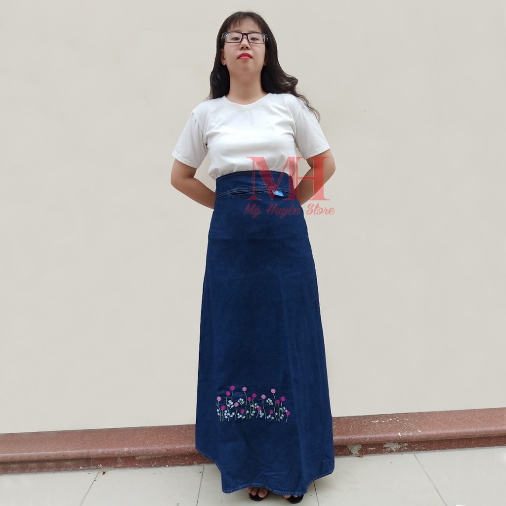 Váy Chống Nắng Xòe Jean Thêu Hoa Trinh Nữ Tím Vải Đẹp Chống Nắng, Chống Nóng Cực Tốt Có 3 Nút Bấm Kim Loại
