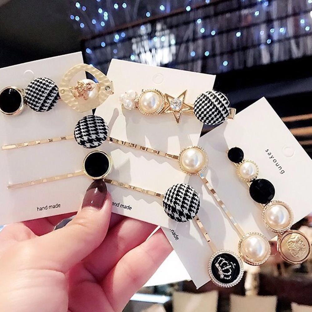 Set 3 kẹp tóc đính ngọc trai giả phong cách retro