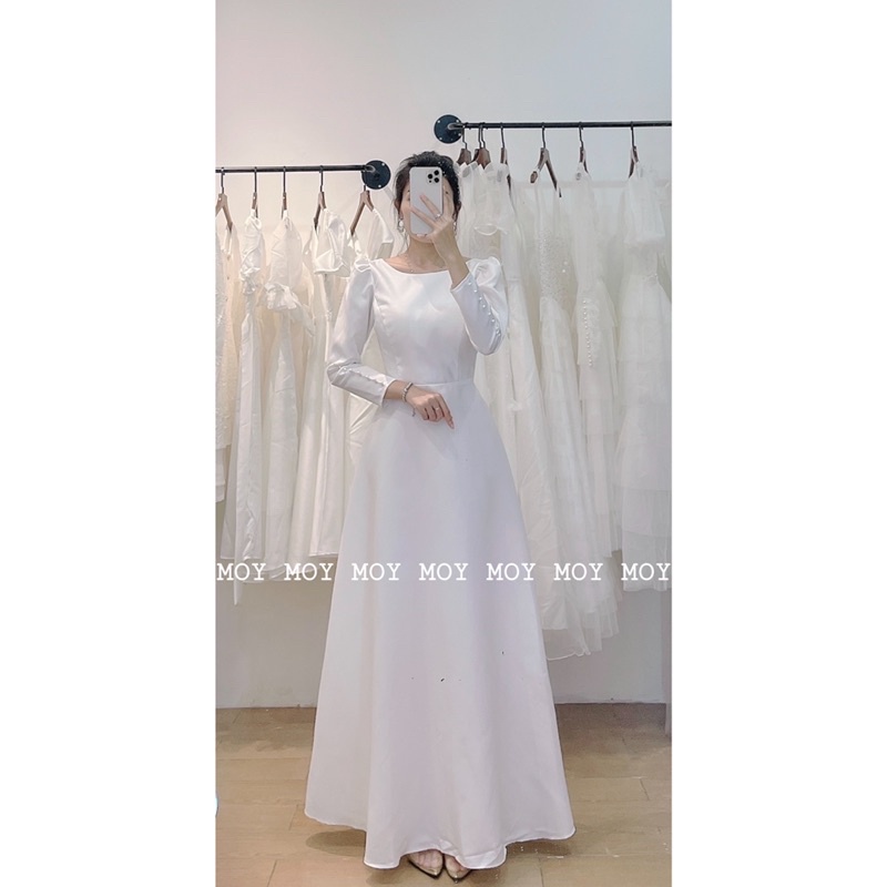 Váy dài phi cổ thuyền tay dài nút lưng V nút - Váy cưới nhẹ nhàng
