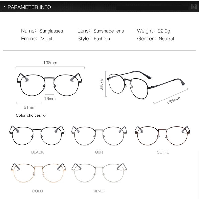 Kính Mắt Gọng Kim Loại Tròn Unisex