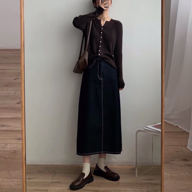 Chân váy jean midi  đen dáng dài chỉ nổi phong cách mùa thu Hàn Quốc 2021 Kozoda Cv29 | BigBuy360 - bigbuy360.vn