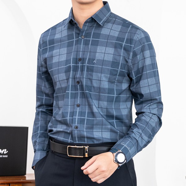 Áo Sơ Mi Nam Công Sở Trung Niên Anton Somianton Xanh Than Họa Tiết Kẻ Caro Sợi Tre Thoáng Mát, Thấm Hút Mồ Hôi - AC130