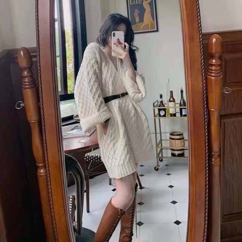 Đầm len tay dài cổ V dáng rộng thời trang ngọt ngào nữ tính