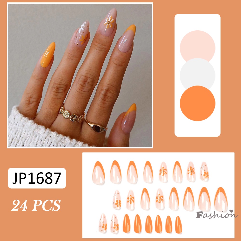 Set 24 Móng Tay Giả Màu Trắng Cam Thời Trang Dành Cho Nữ