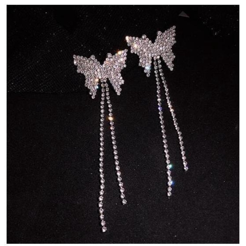 Bông Tai Dáng Dài Phối Tua Rua Hình Bướm Đính Đá Phong Cách Hàn Quốc Sang Trọng Thời Trang