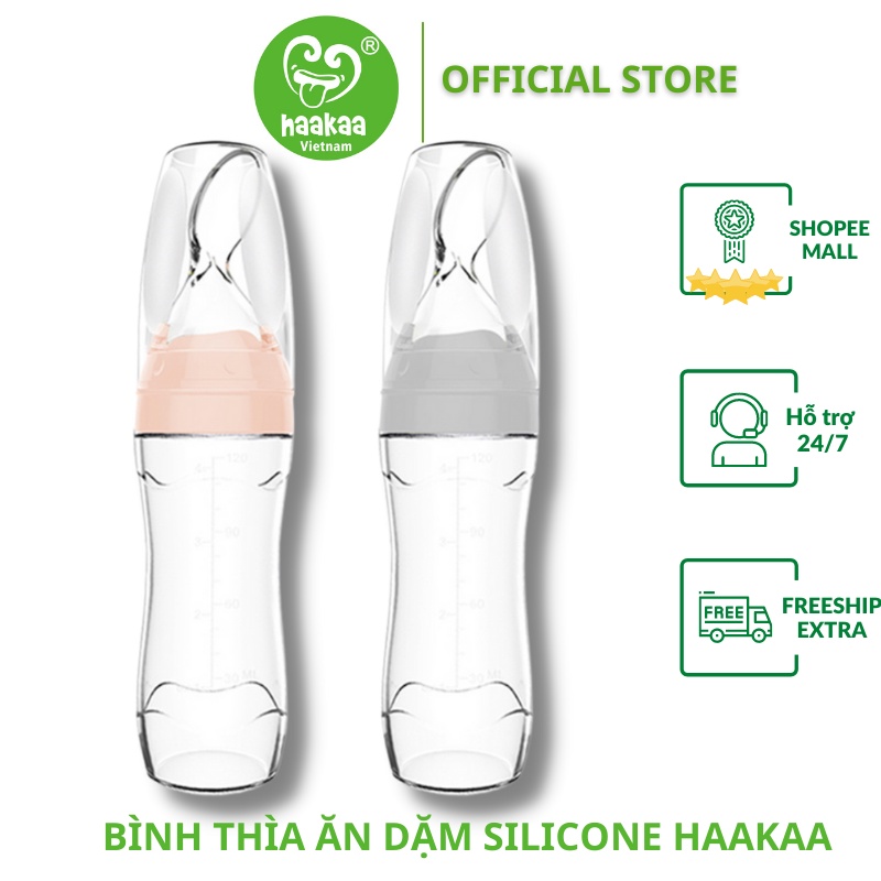Bình thìa ăn dặm silicon cho bé Haakaa, Dung tích 120ml. Hỗ trợ bé uống sữa, uống nước, ăn cháo