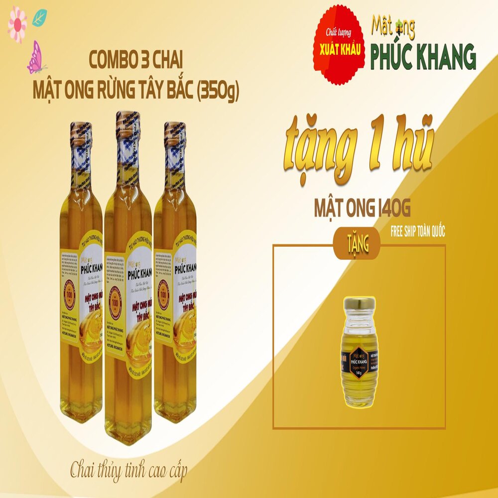 Mật ong rừng Tây Bắc Phúc Khang 350g - Combo 3 Chai-  Thu hoạch tự nhiên - Đạt chuẩn xuất khẩu - Không nhiễm hóa chất