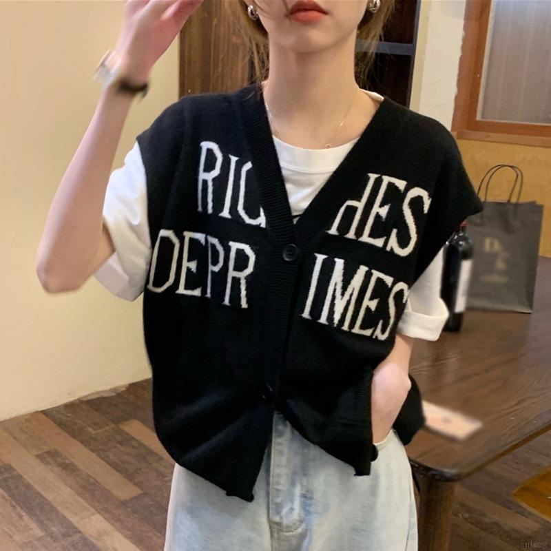 Áo Dệt Kim Sát Nách Dáng Rộng In Chữ Kiểu Hàn Quốc Thời Trang Cho Nữ
