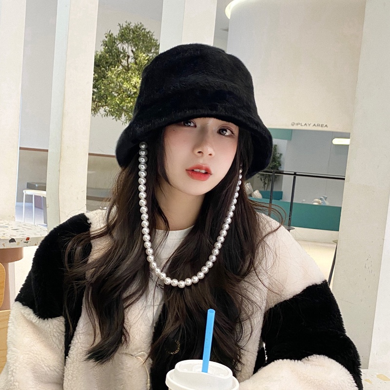 Mũ xô MG STUDIO phối lông thiết kế chuỗi ngọc trai tùy chọn màu sắc