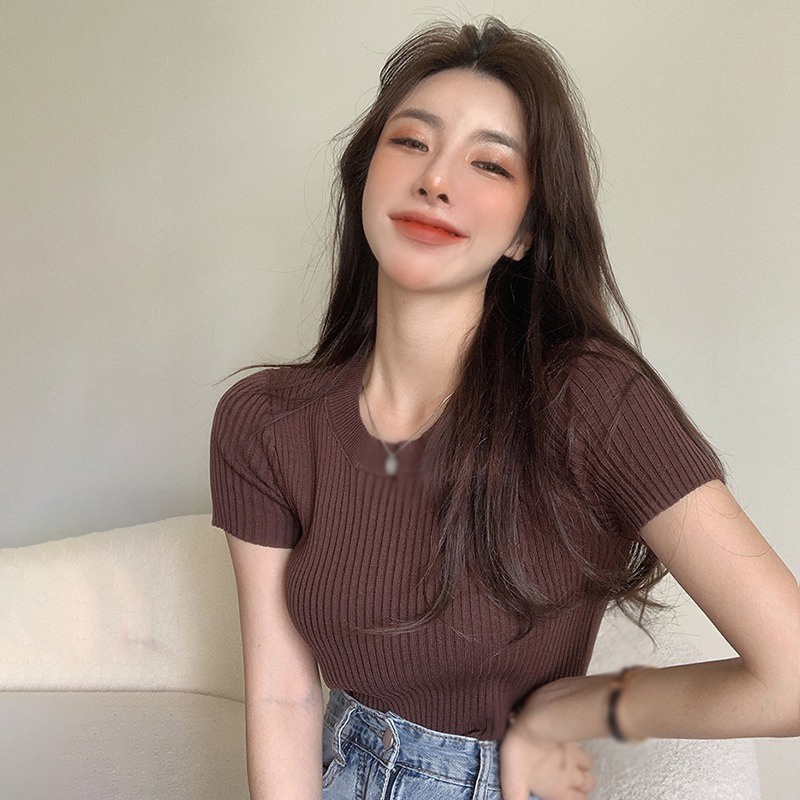 Áo Thun Nữ Dệt Kim Tay Ngắn Màu Sắc Ngọt Ngào Phong Cách Hàn Quốc