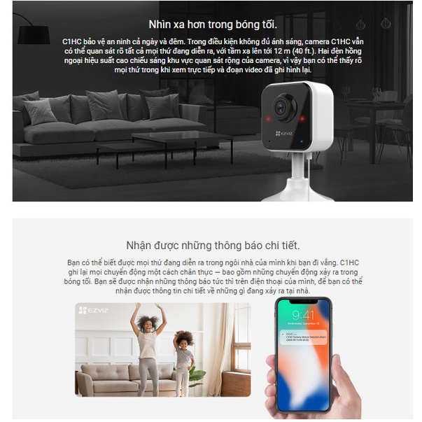 Camera WI-FI EZVIZ C1HC 1080p, Trong Nhà, Đàm Thoại 2 Chiều, Phát Hiện Chuyển Đồng, Nén Video H.265 - Hàng Chính Hãng