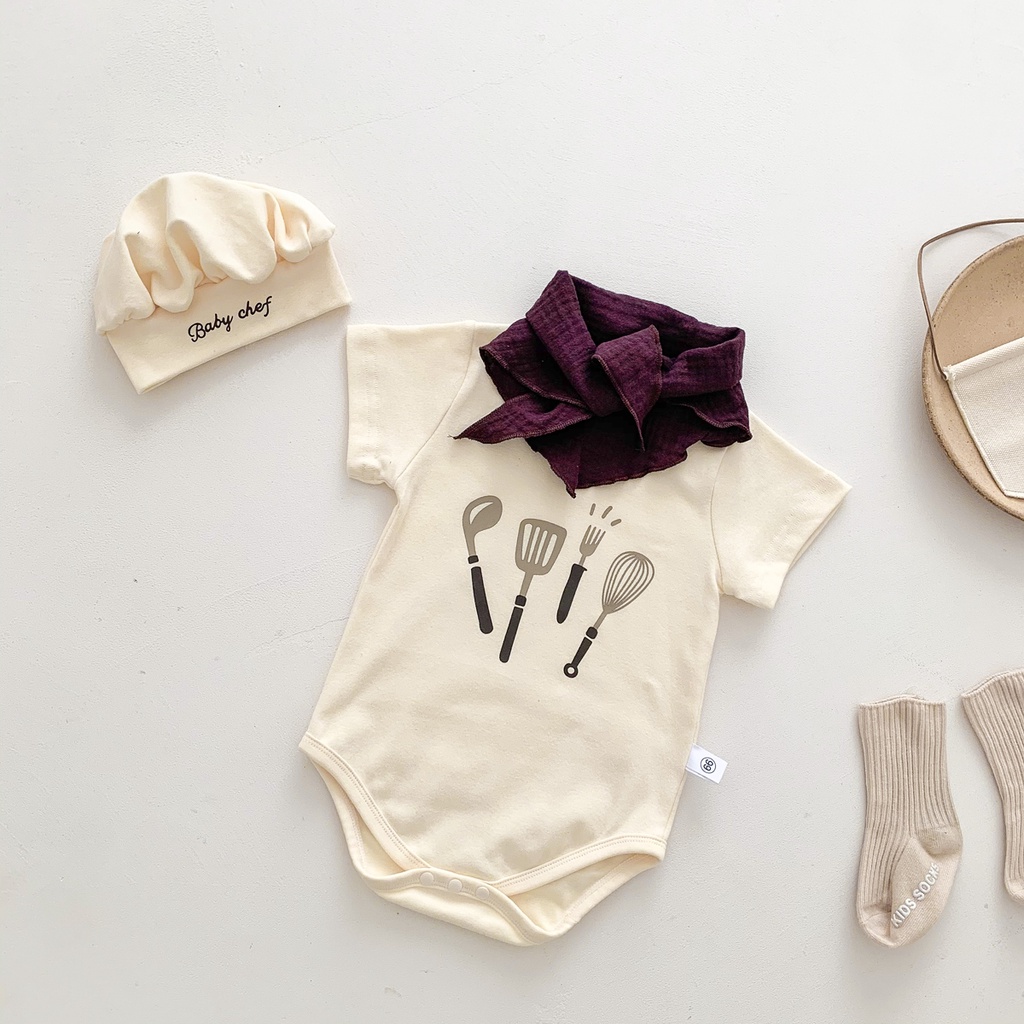 Bộ Áo Liền Quần Tay Ngắn In Họa Tiết Dễ Thương Kèm Khăn Choàng Và Mũ Đầu Bếp Thời Trang Mùa Hè Cho Bé Sơ Sinh