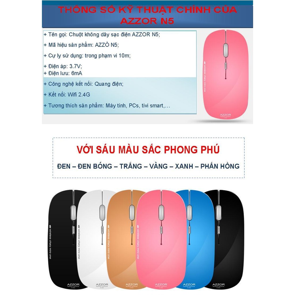 nhập mã ELCLNO - giảm giá 5% đến hết 30/9 - chuột không dây sạc pin AZOOR N05