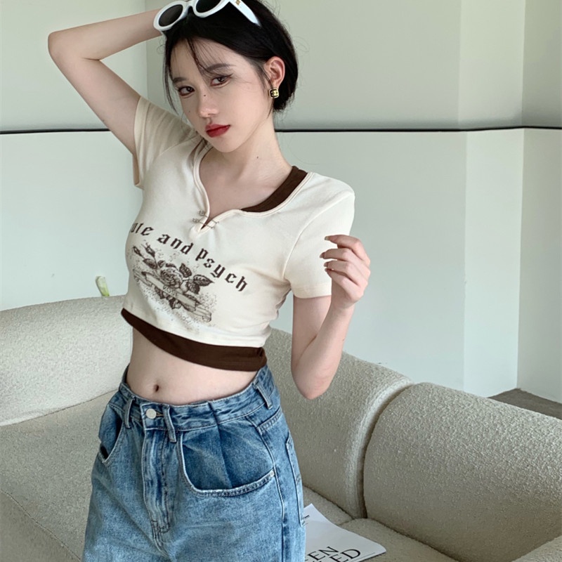 Áo Thun Croptop Tay Ngắn In Họa Tiết Phong Cách Retro Thời Trang Cho Nữ