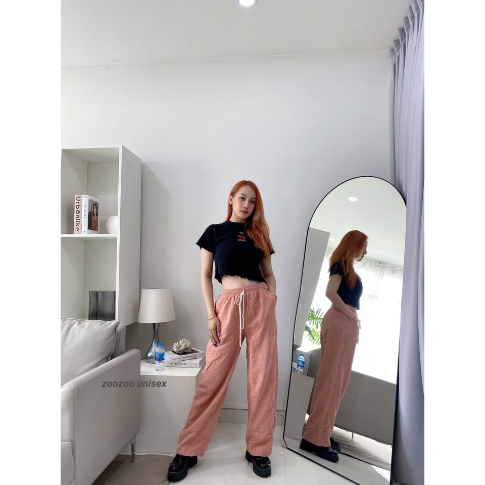 Quần nhung tăm ống rộng nữ lưng cao 3 màu đen hồng kem dài 100cm suông phong cách Hàn Quốc hot trend ZoZo_UNISEX