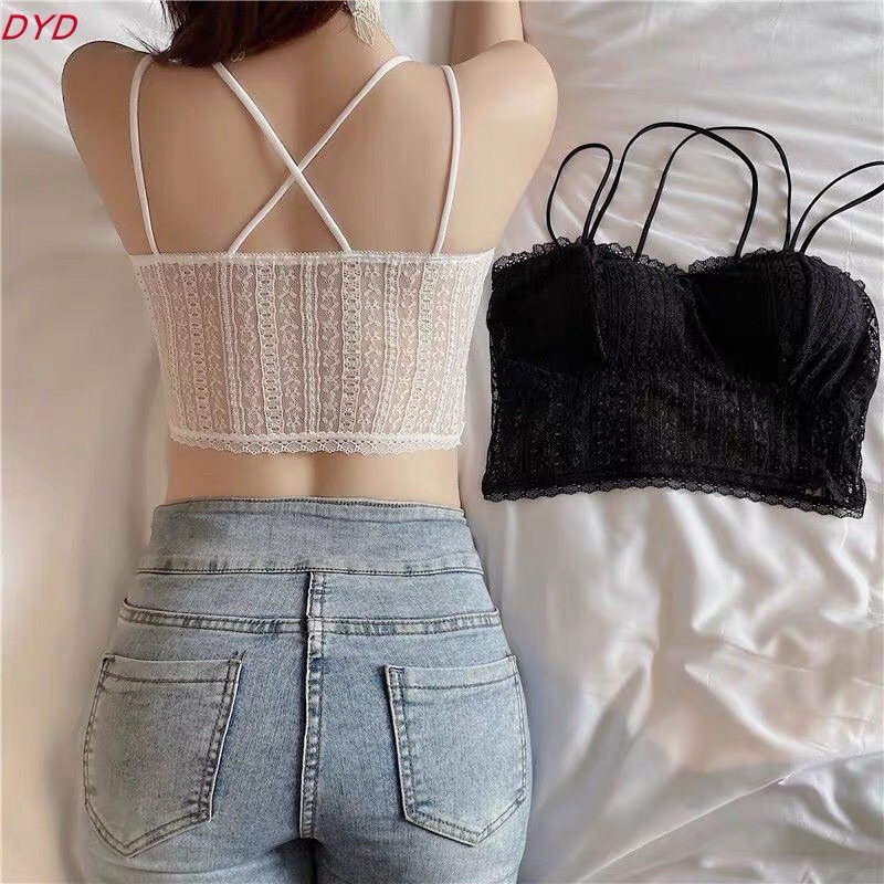 ÁO HAI DÂY NỮ PHỐI REN CÓ ĐỆM NGỰC, ÁO BRA HAI DÂY NỮ DÁNG LỬNG PHONG CÁCH TIỂU THƯ, HÀN QUỐC – (A24)