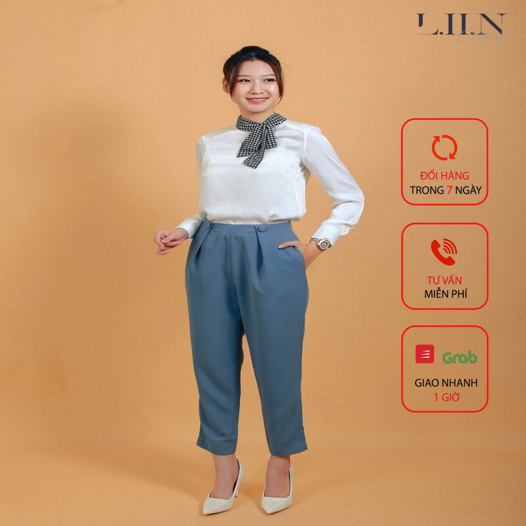 Quần baggy nữ LIIN CLOTHING màu xanh phối cúc bọc, thanh lịch, sang trọng Q3351