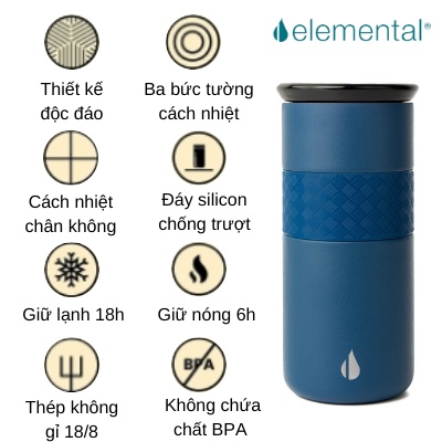Ly giữ nhiệt Elemental Artisan 480ml màu xanh navy, giữ nhiệt vượt trội, inox 304, g