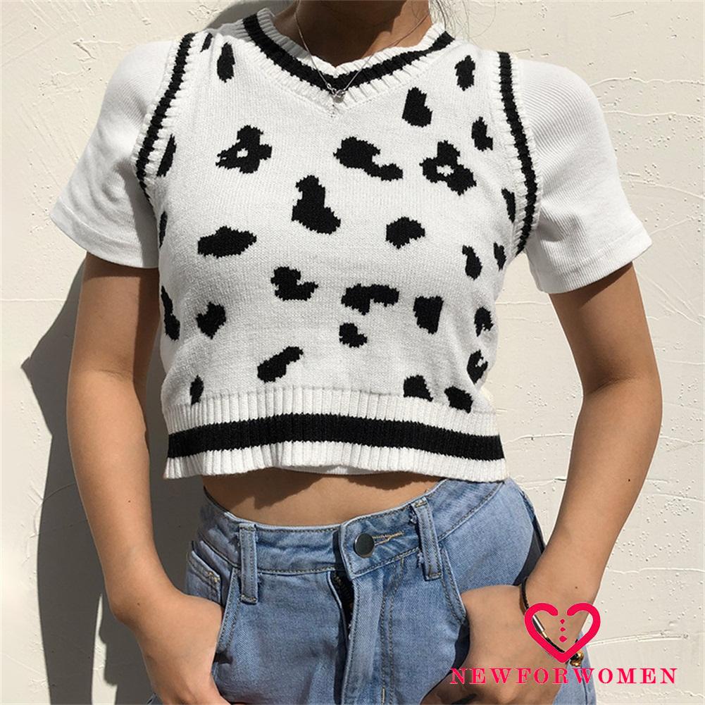 Áo Croptop Sát Nách Cổ Chữ V Họa Tiết Da Bò Sữa