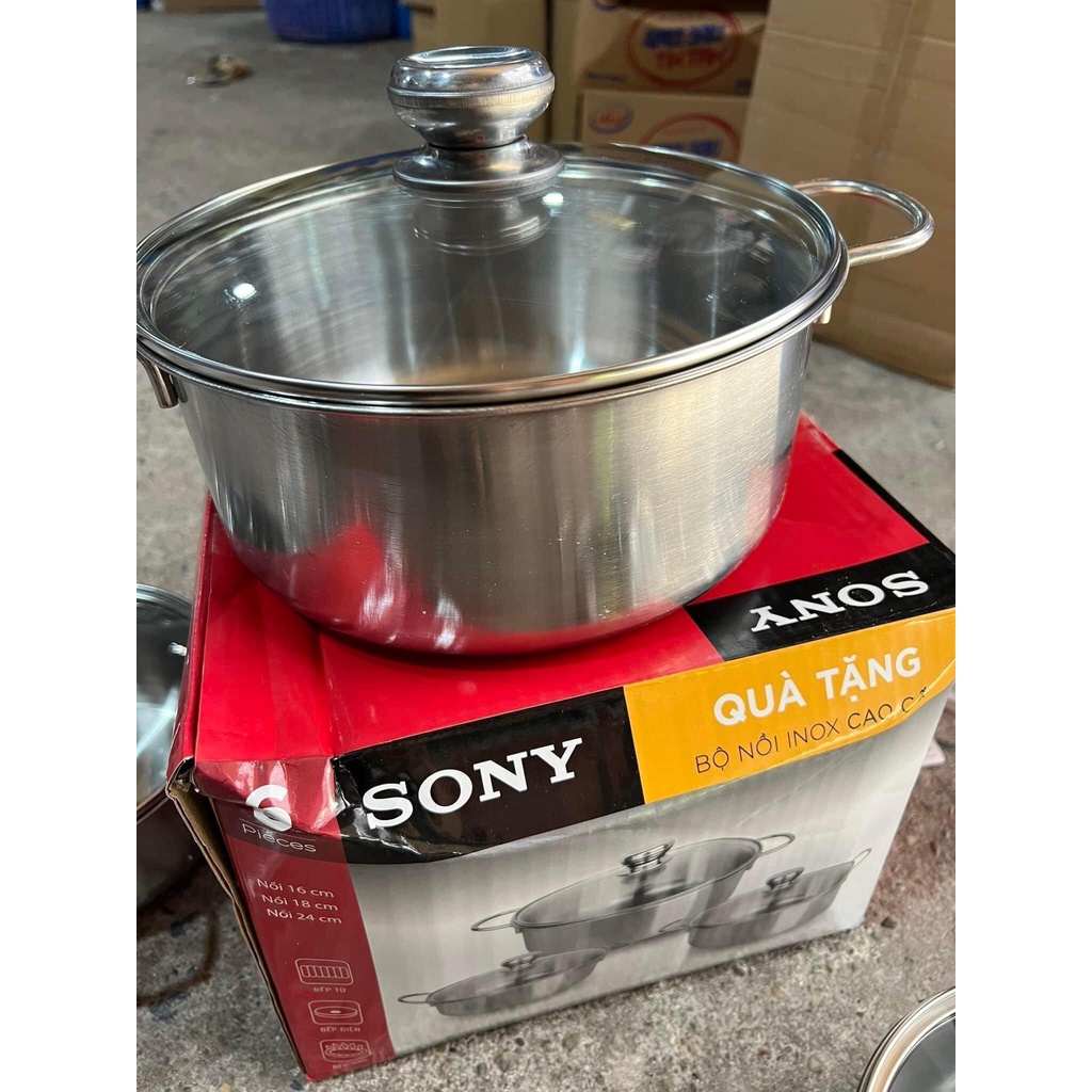 BỘ 3 NỒI INOX LOẠI DÀY ĐẸP SIZE 16-18-24CM HÀNG KHUYẾN MẠI SIÊU RẺ