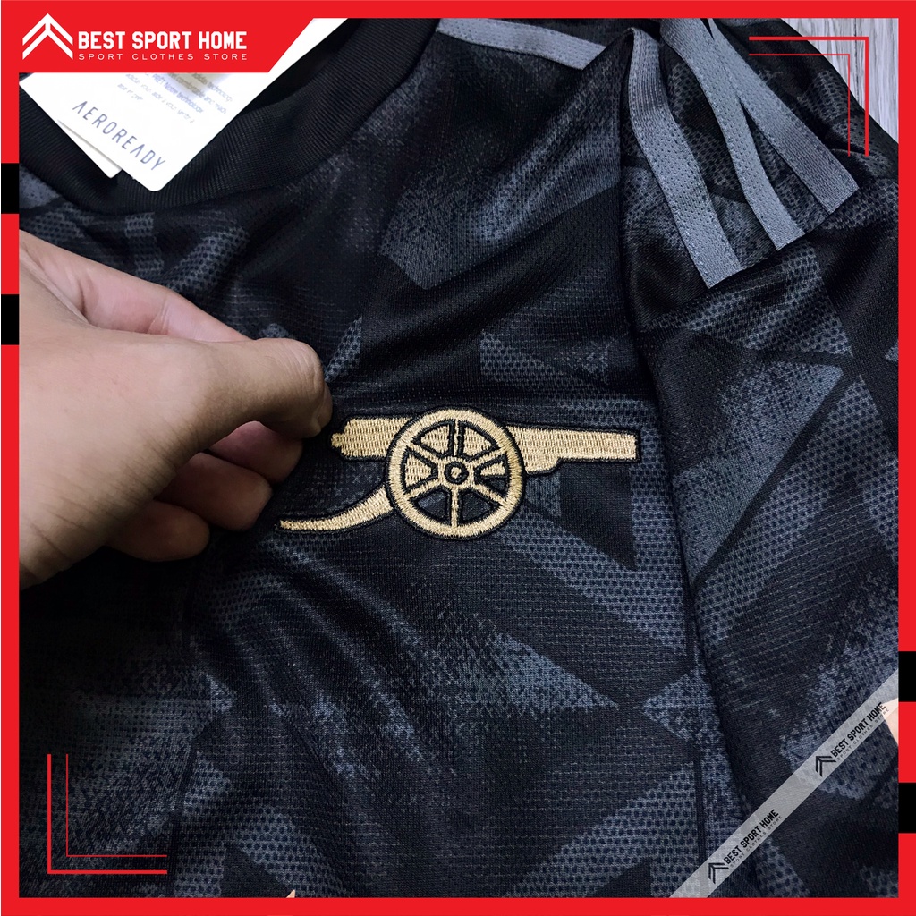 Set quần áo bóng đá Arsenal sân khách Logo thêu 2022/23 - Vải Climacool màu đen form Âu - In ấn tên số theo yêu cầu