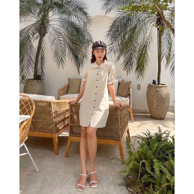 Đầm sơ mi nâu form suông viền đơn giản kèm ảnh thật shop chụp