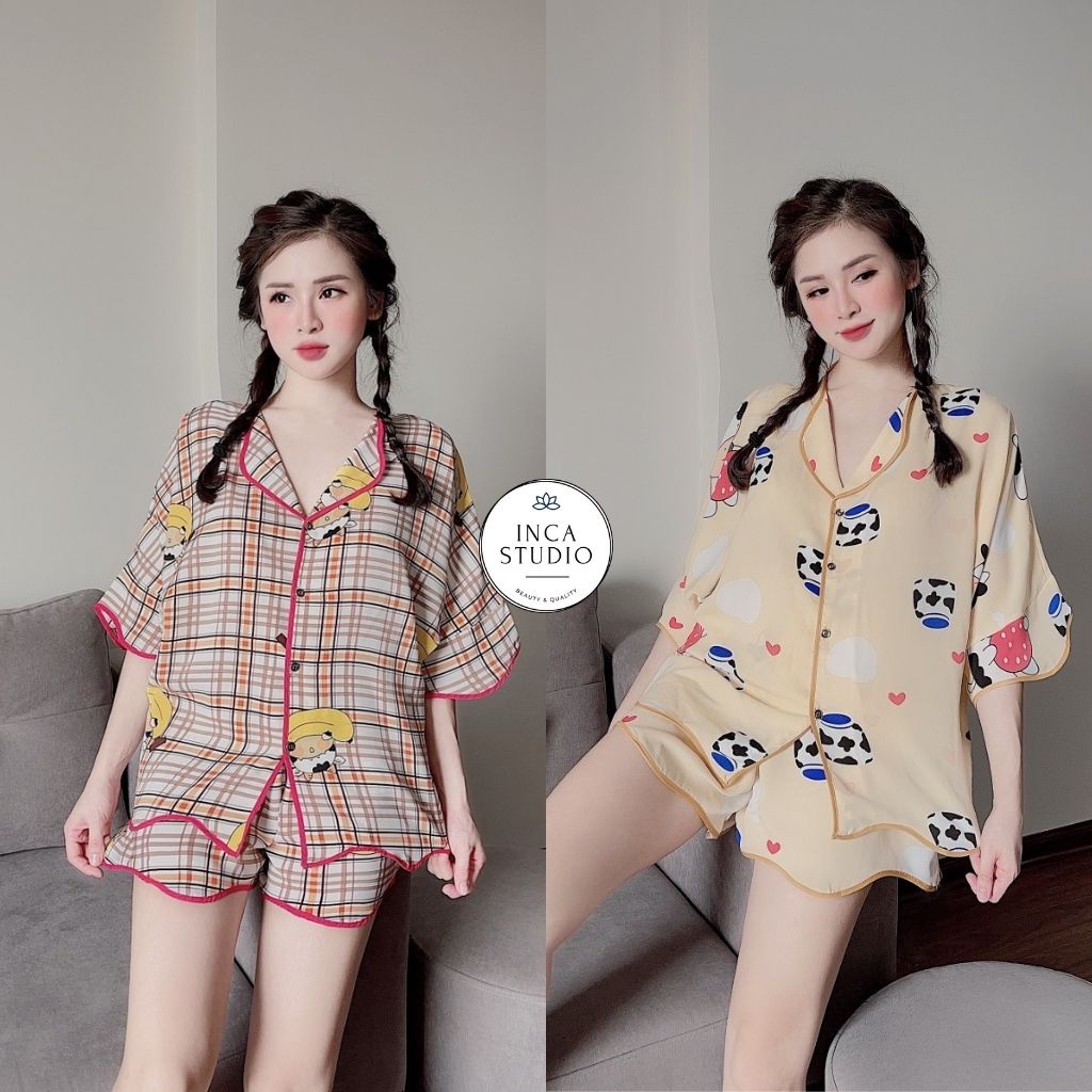 (Cam kết loại 1) Đồ ngủ Pyjama lụa mango họa tiết cao cấp INCA05- Free size dưới 65kg, Lụa mango thoáng mát