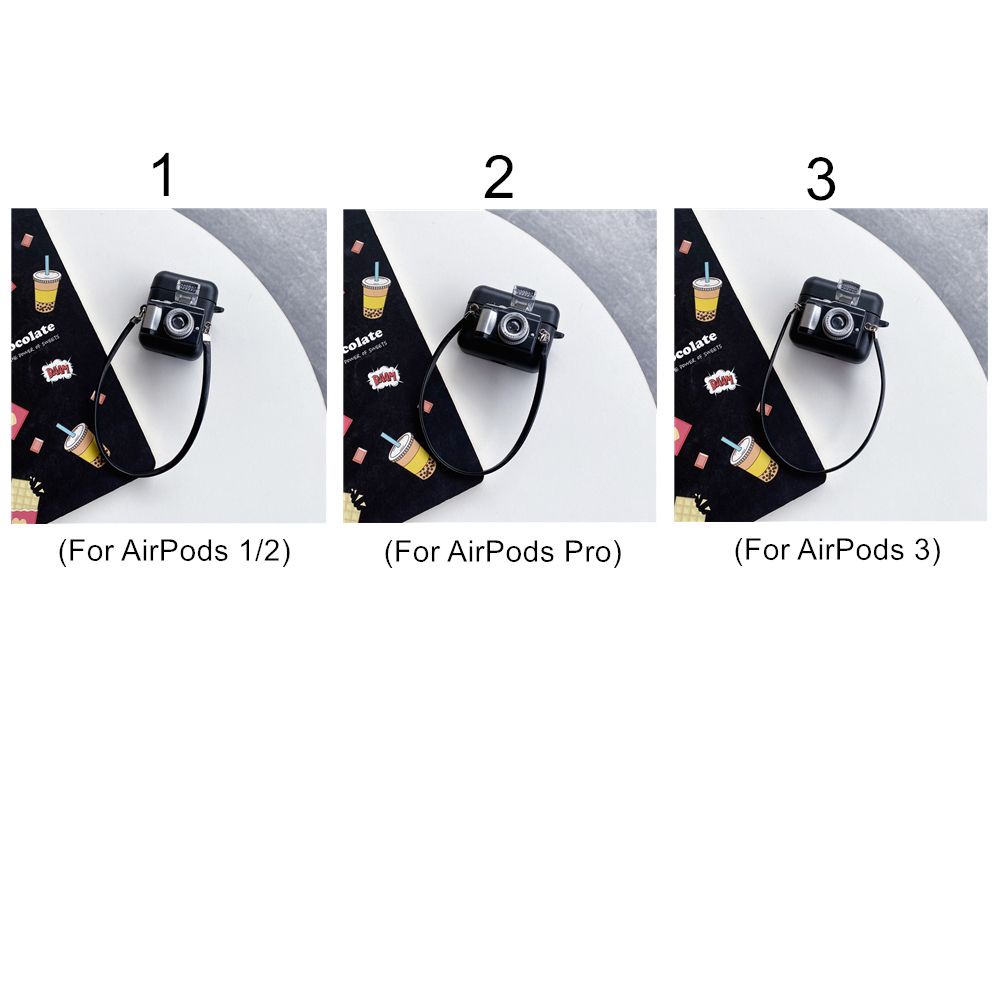 Vỏ bảo vệ hộp sạc Airpods 1 2 3 Pro hình dáng chiếc máy ảnh 3D chất liệu bằng silicon mềm gắn dây đeo cổ điển